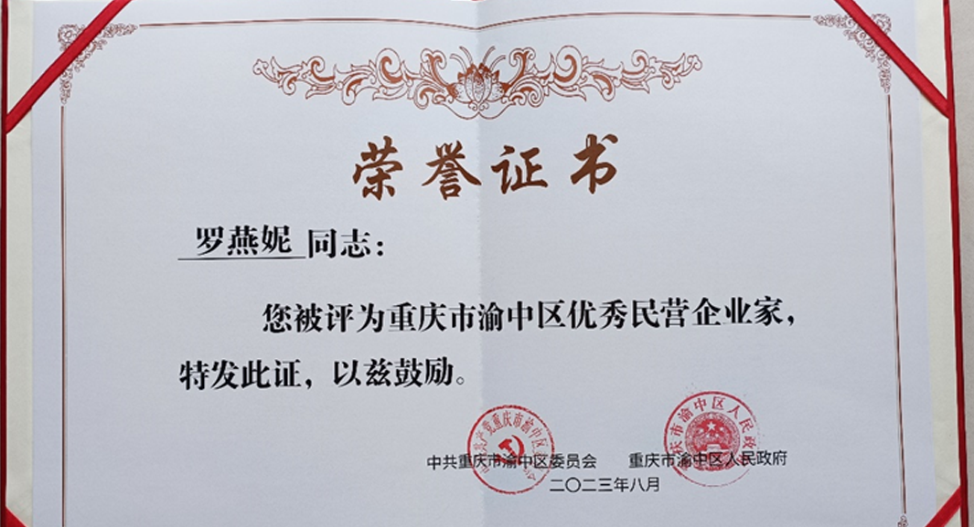 祝贺！ag尊龙链接集团重庆公司总经理罗燕妮被评为“重庆市渝中区优秀民营企业家”